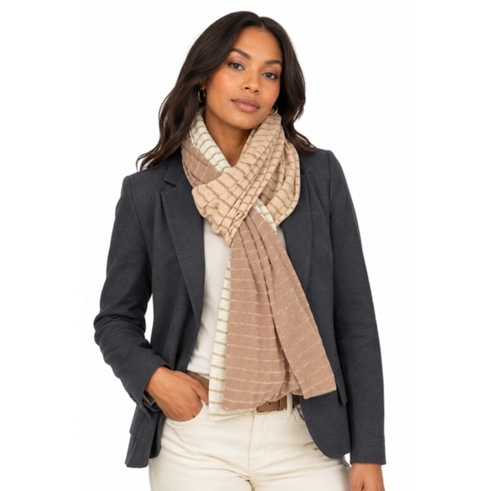 Ann Taylor LOFT Scarf Gold Metallic Striped Colorblock Taupe Tan Cream 92-08